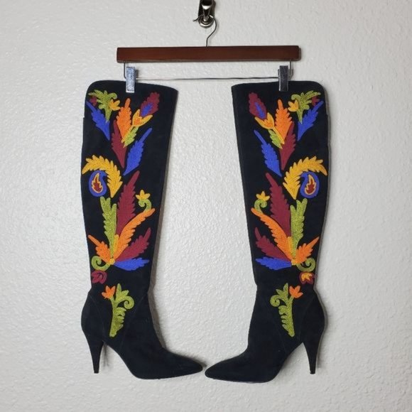 Alice + Olivia Corin Embroidered Suede Tall Heeled Boots Black Womens Size 5 - Picture 1 of 11